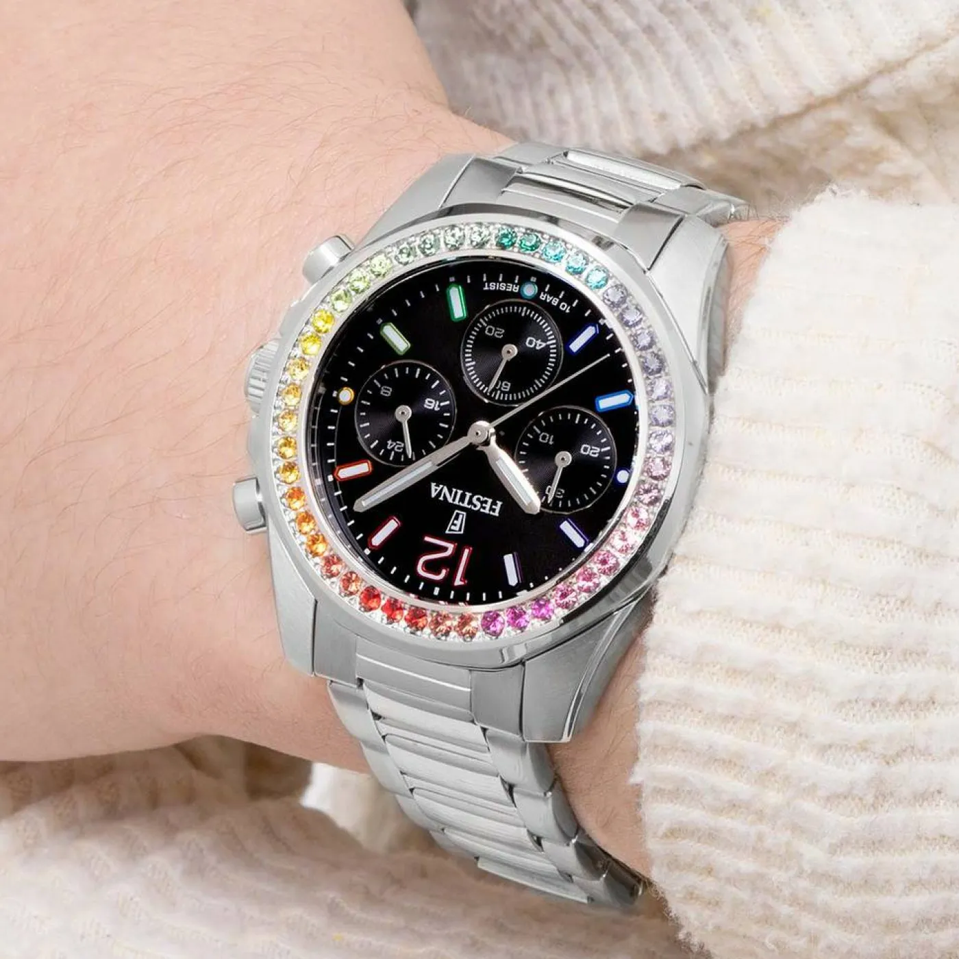 Festina Damen Uhr Boyfriend Rainbow F20606/3 Schwarz, Edelstahl Armband