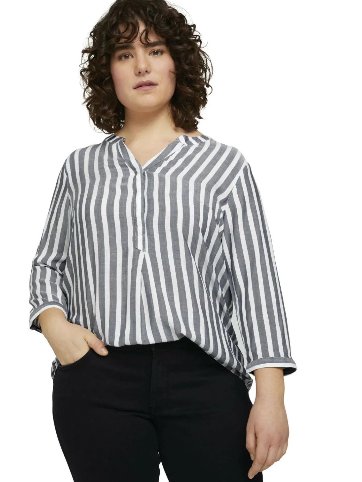 Plus - Gestreifte Henleybluse mit LENZING(TM) ECOVERO(TM)